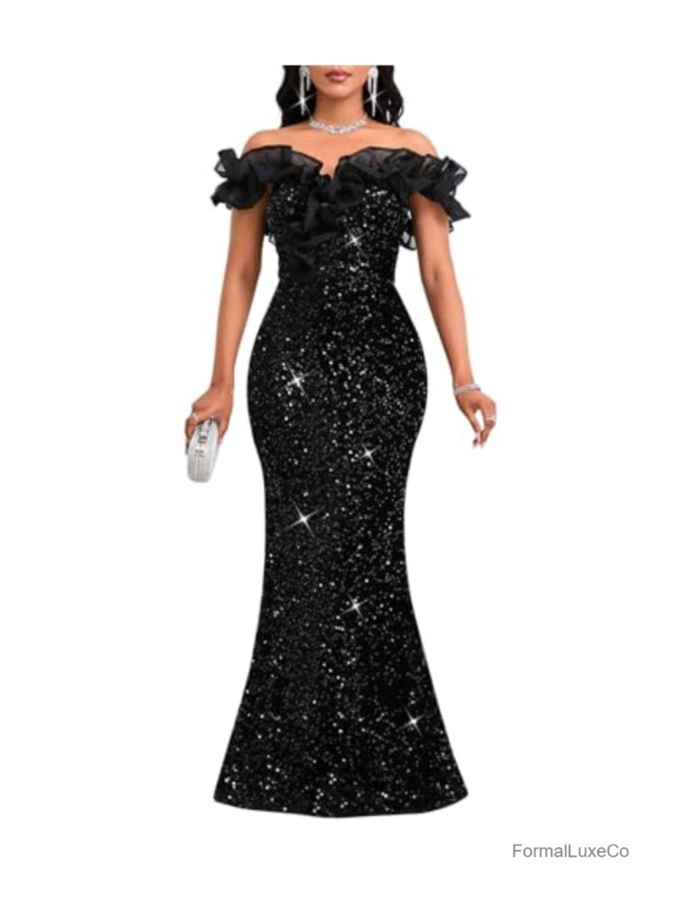 Women Sequin Off Shoulder Ruffle Mermaid Formal Dress Evening Gown